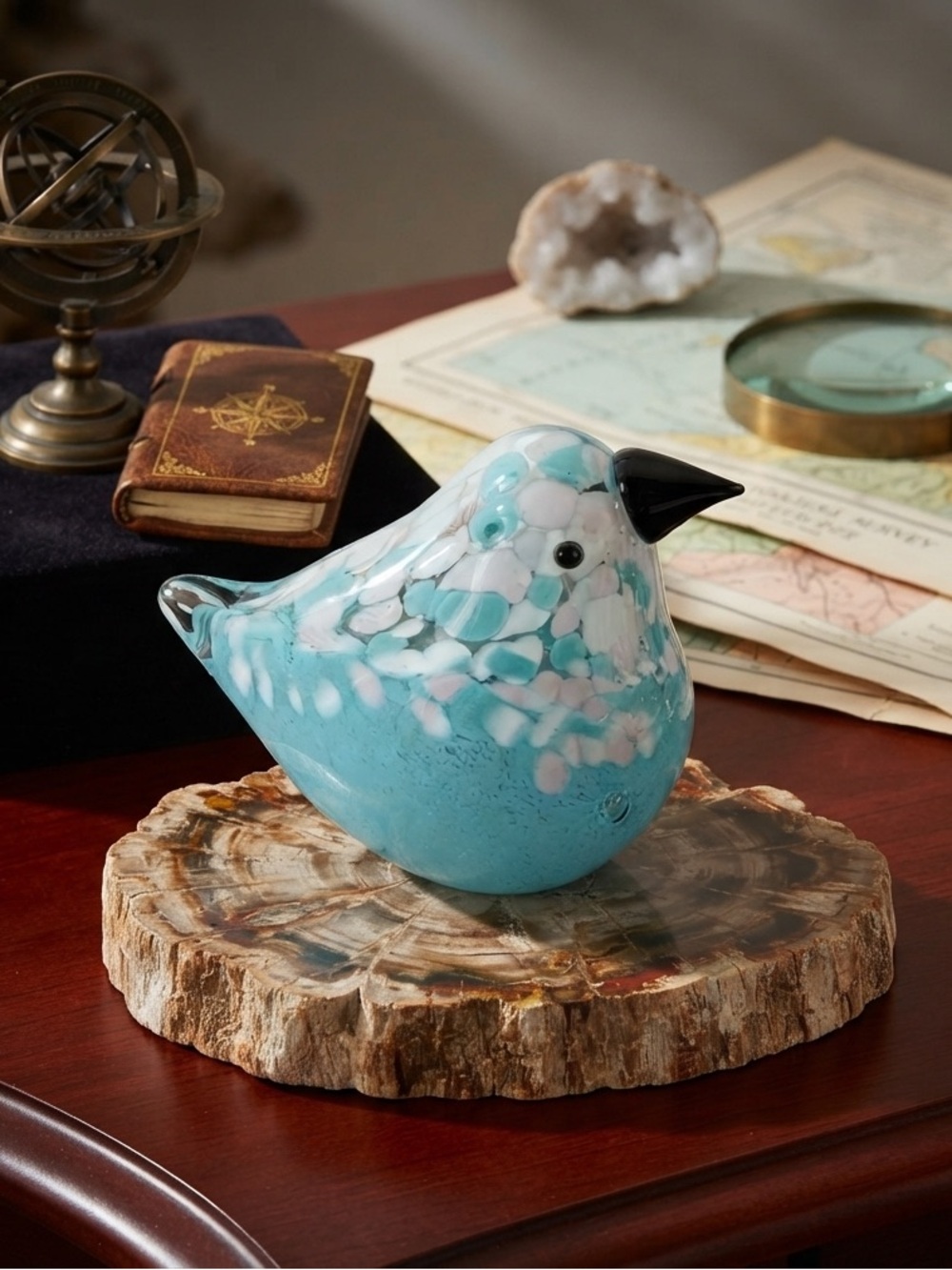 HQT-Blue,Pink and White Glass Bird Figurine
